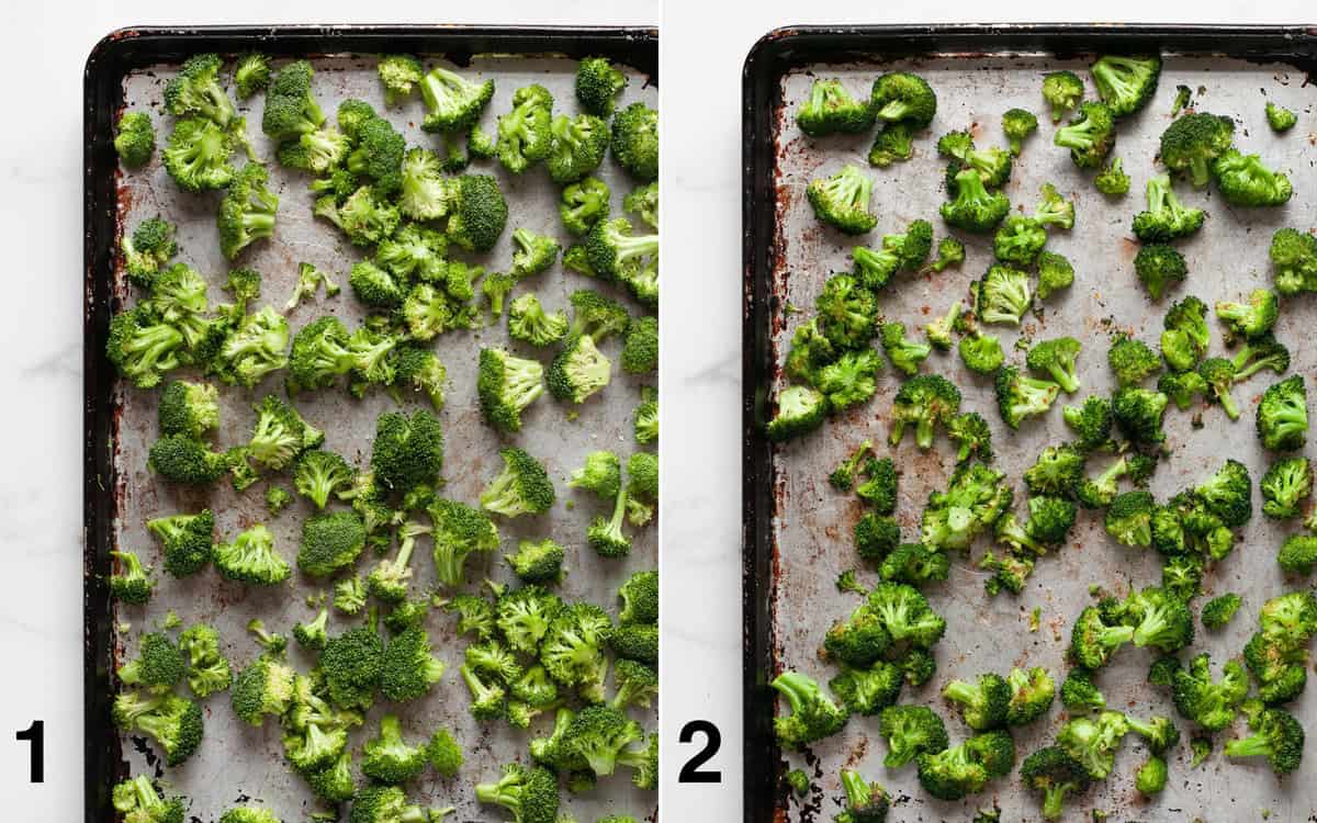 Broccoli florets on a pan before and after they roast.