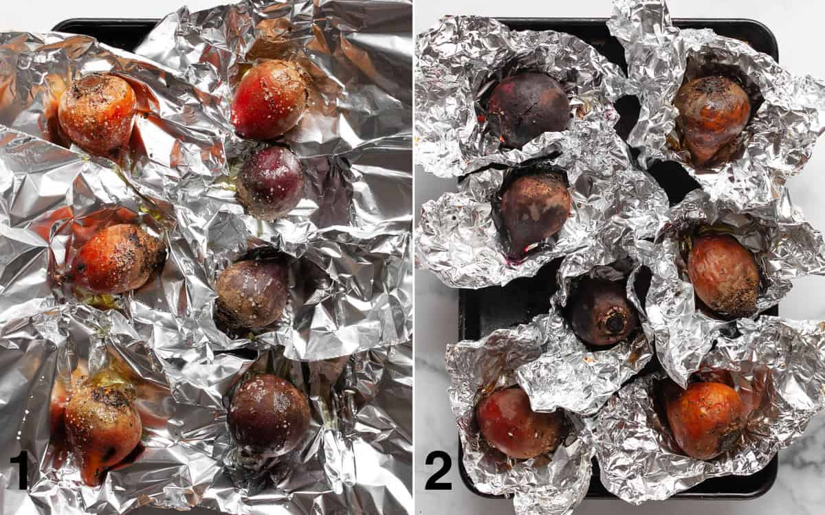 Beets in individual foil packets on a sheet pan before and after they roast.