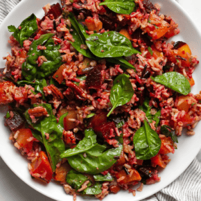 Roasted beet wild rice pilaf on a plate.