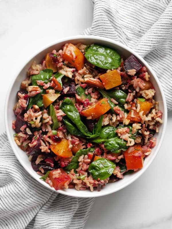 Roasted beet wild rice pilaf in a bowl.