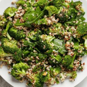 Roasted broccoli quinoa salad on a plate.