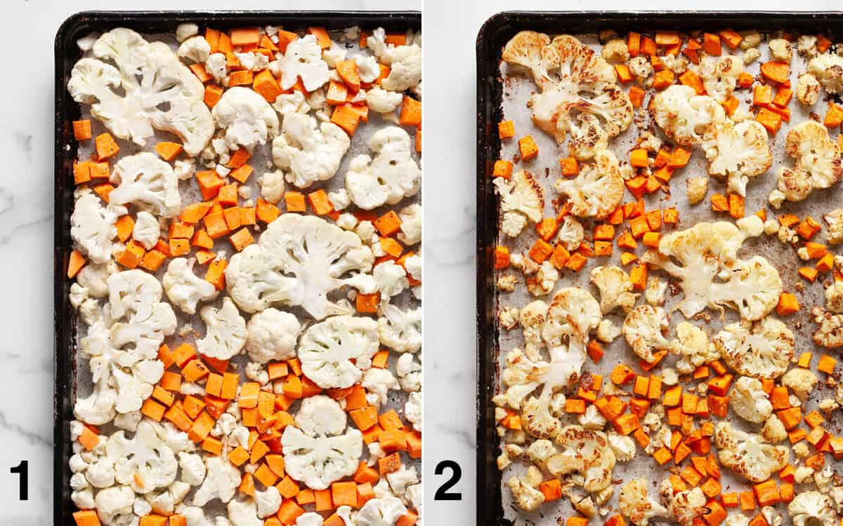 Sweet potatoes and cauliflower on a sheet pan before and after they roast.