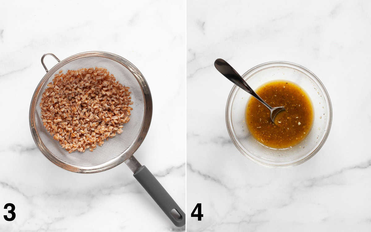 Cooked farro in a strainer. Sherry vinaigrette in a small bowl.