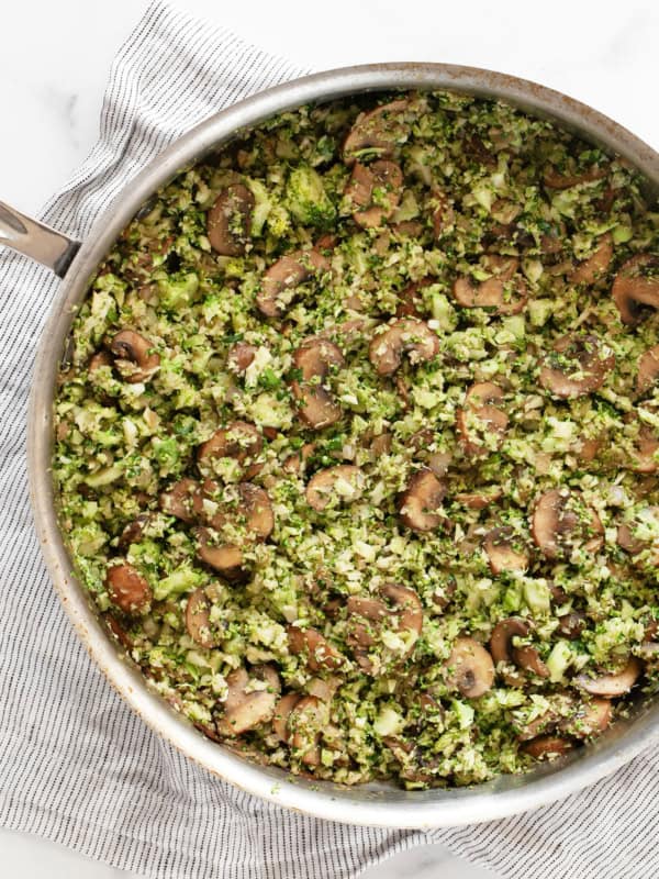 Balsamic mushroom broccoli rice in a skillet.