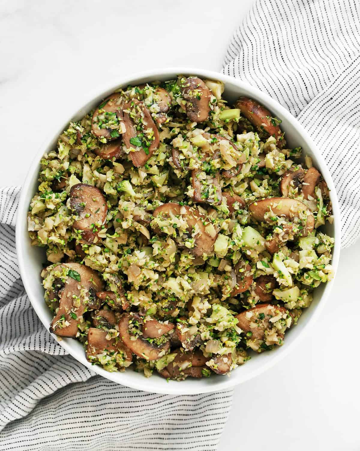 Balsamic mushroom broccoli rice in a bowl.