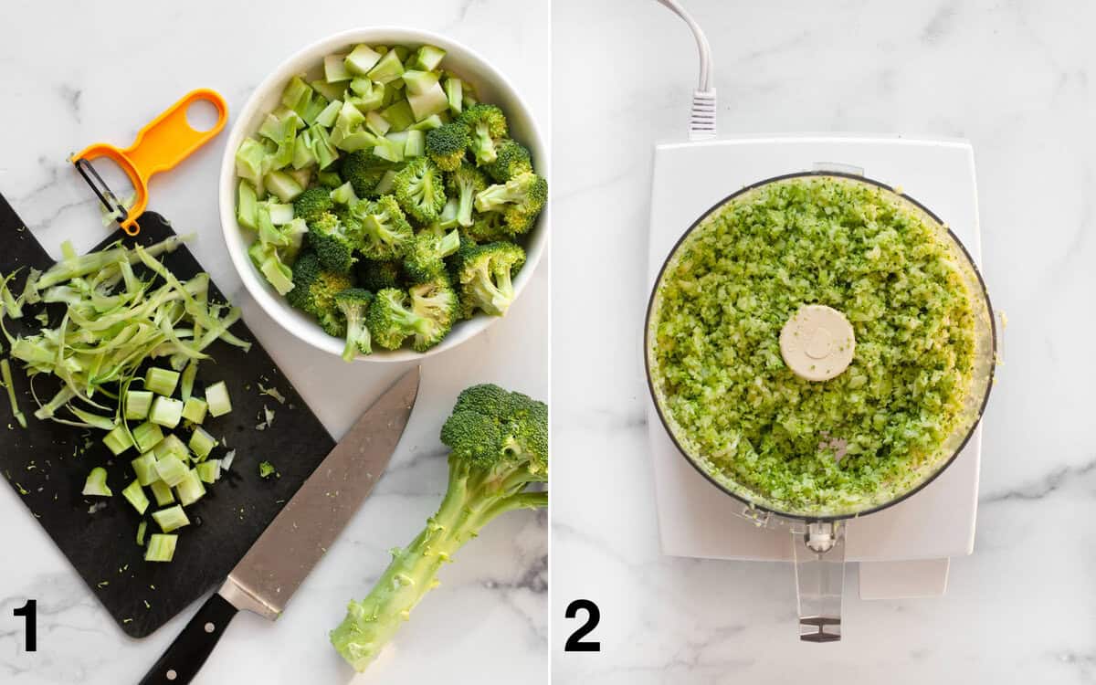 Chopped broccoli on a cutting board. Rice broccoli in a food processor.