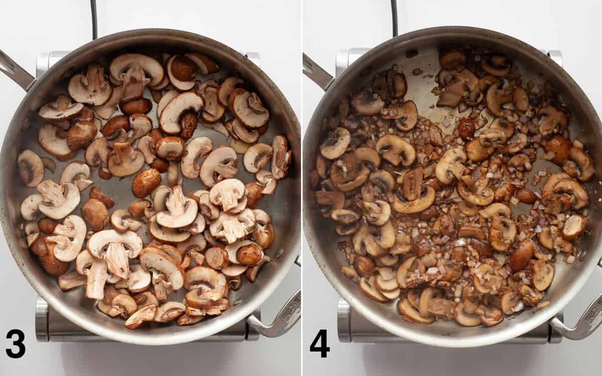 Sautéed mushroom sin a skillet. Garlic, shallots and seasonings stirred into mushrooms.