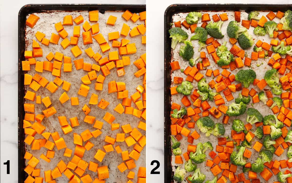 Butternut squash on a sheet pan. Roasted squash and broccoli on the pan.