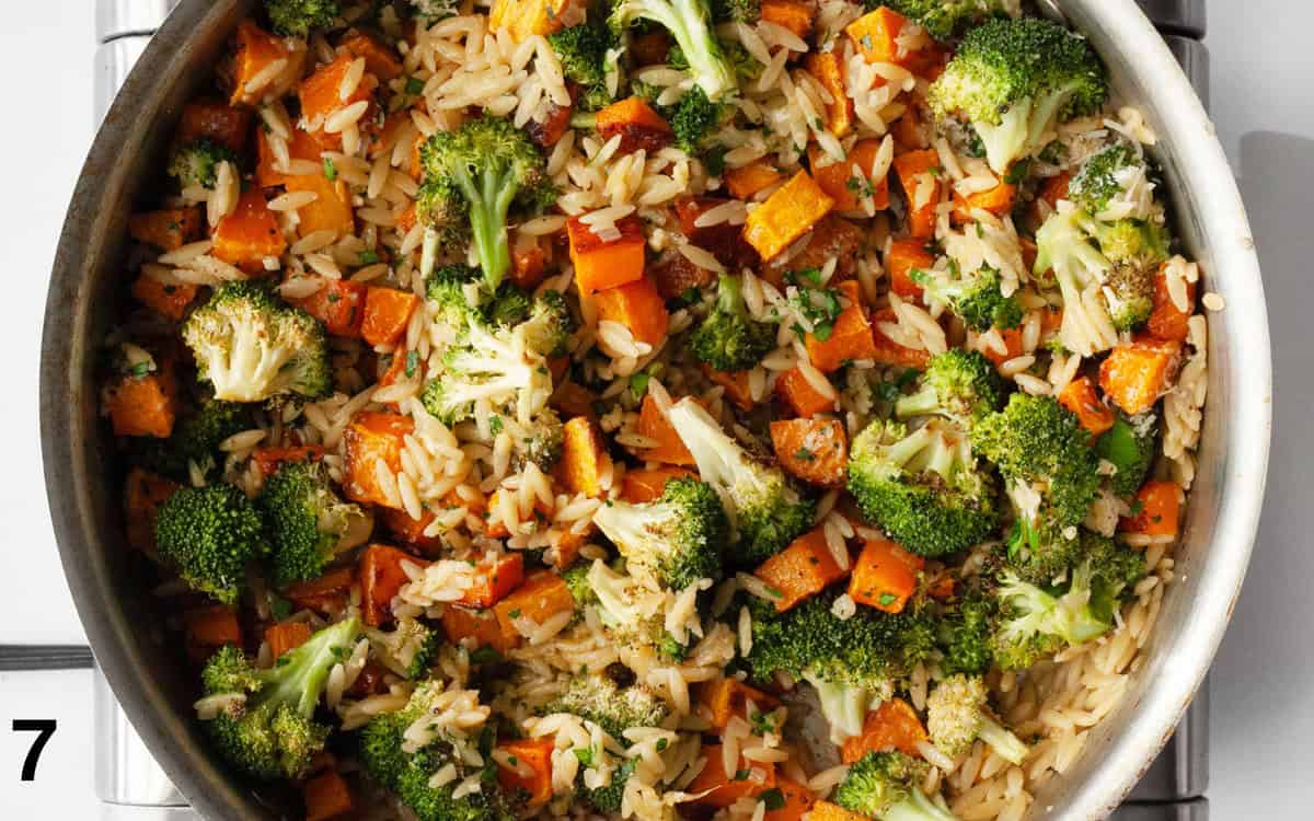 Roasted vegetables, parmesan and parsley stirred into orzo.