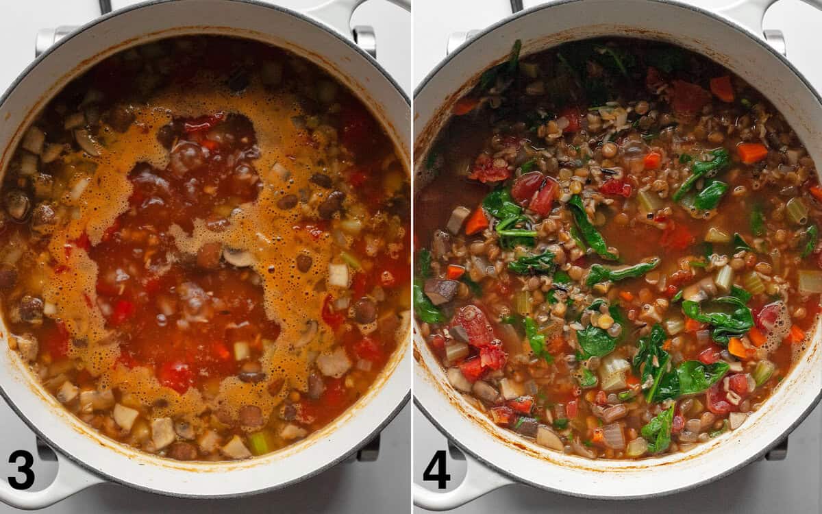 Soup simmering in a large pot with rice and lentils. Baby spinach stirred into soup.