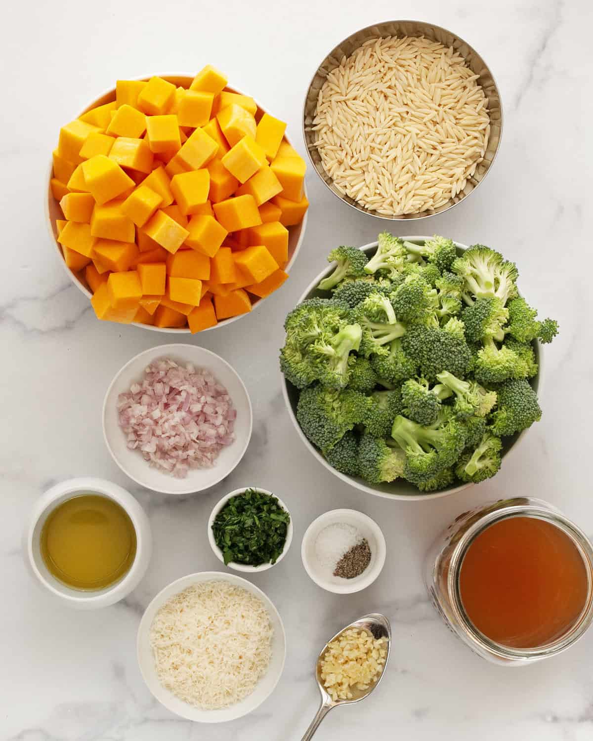 Ingredients including butternut squash, broccoli, orzo, shallots, garlic, olive oil, parmesan and vegetable broth.