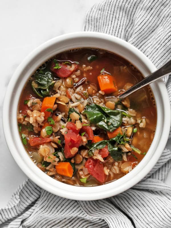 Bowl of lentil wild rice soup.