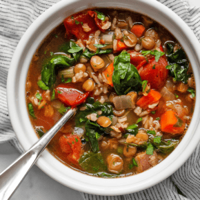 Bowl of lentil wild rice soup.