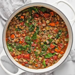 Large pot with lentil wild rice soup.