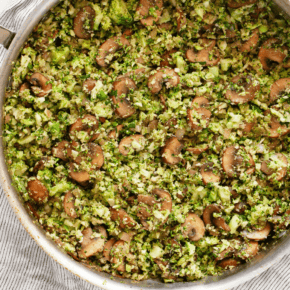 Balsamic mushroom broccoli rice in a skillet.