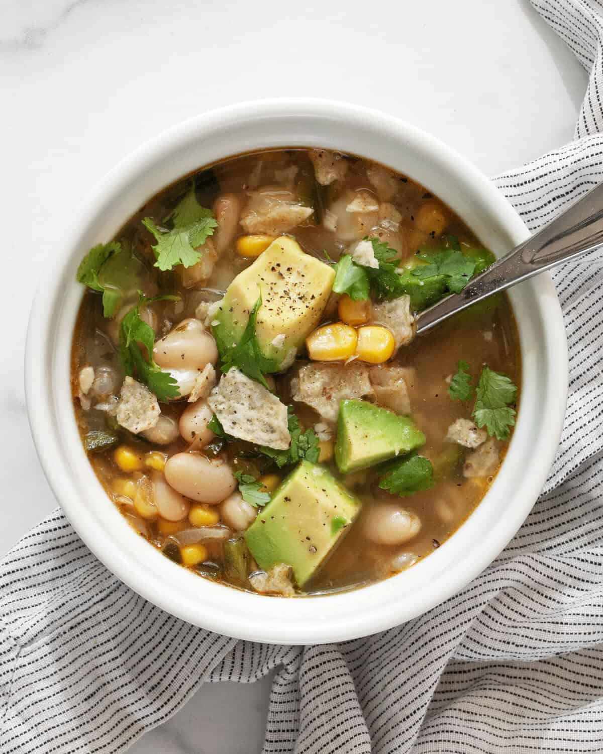 One bowl of vegan white bean chili.