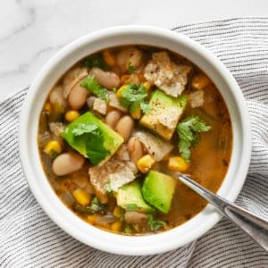 Poblano vegan wite bean chili in a bowl.