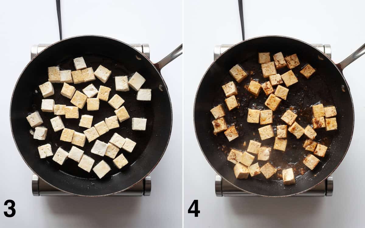 Tofu sautéing in a skillet. Sauce poured into tofu.