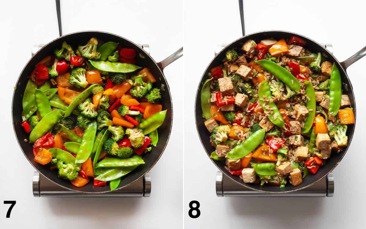 Sauce poured into stir-fry vegetables. Tofu, rice and green scallions stirred into vegetables.