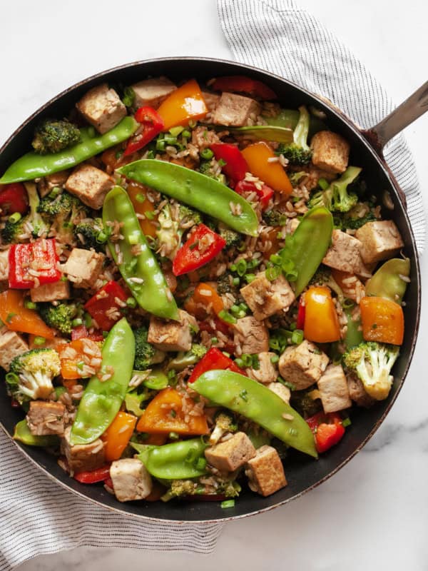 Vegetable tofu stir-fry in a skillet.