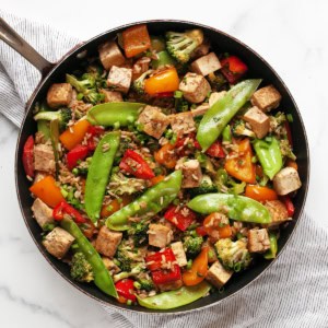 Vegetable tofu stir-fry in a skillet.