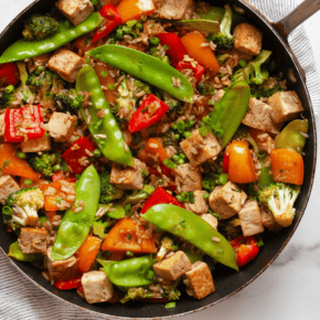 Vegetable tofu stir-fry in a skillet.