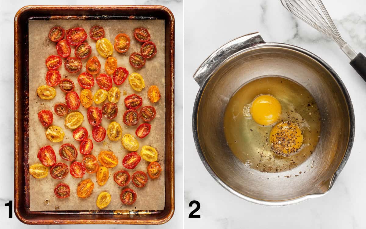 Roasted tomatoes on a sheet pan. Eggs, salt and pepper in a bowl.