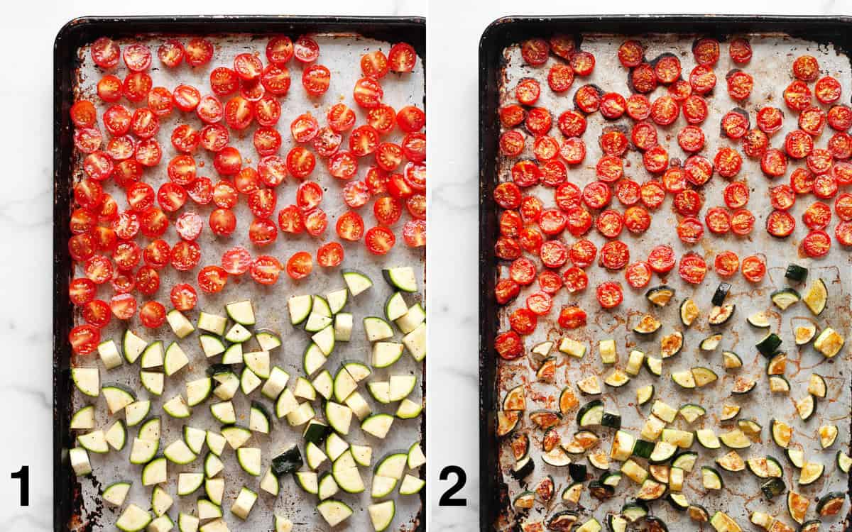 Tomatoes and zucchini on a sheet pan before and after they roast.