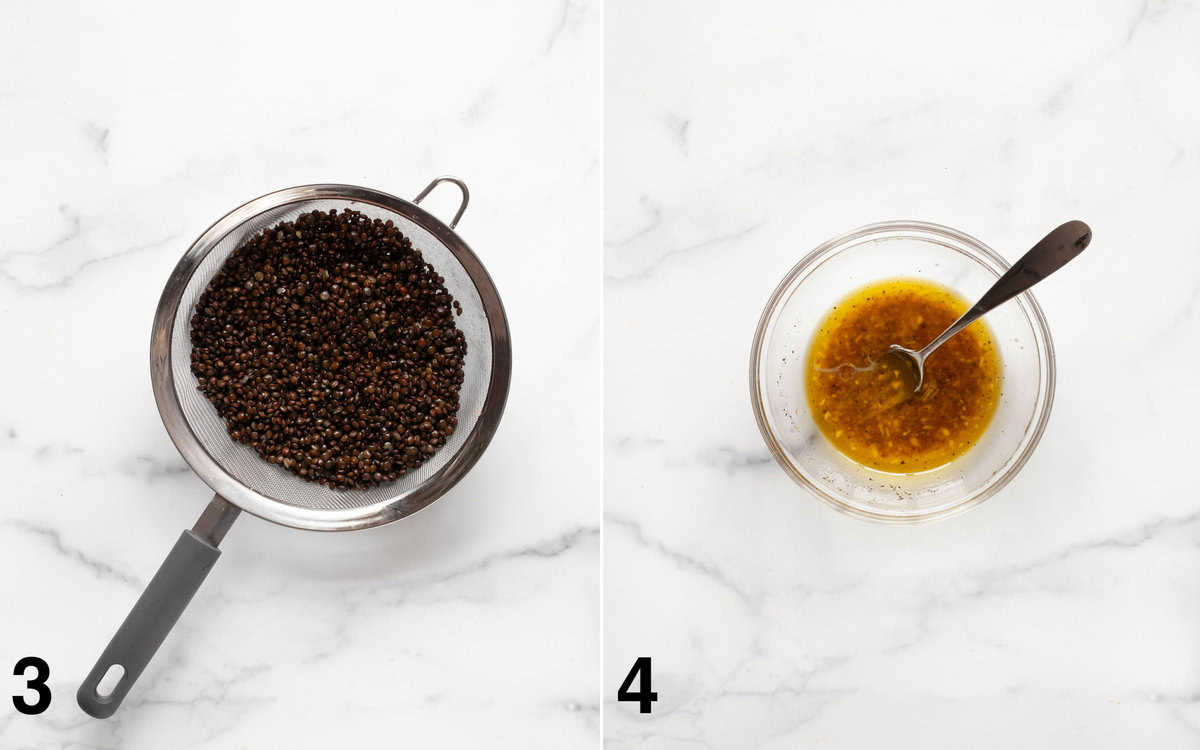 Cooked lentils in a strainer. White balsamic vinaigrette in a small bowl.