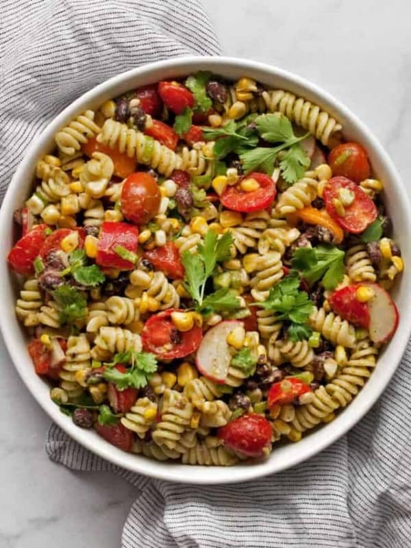 Southwest pasta salad in a bowl.