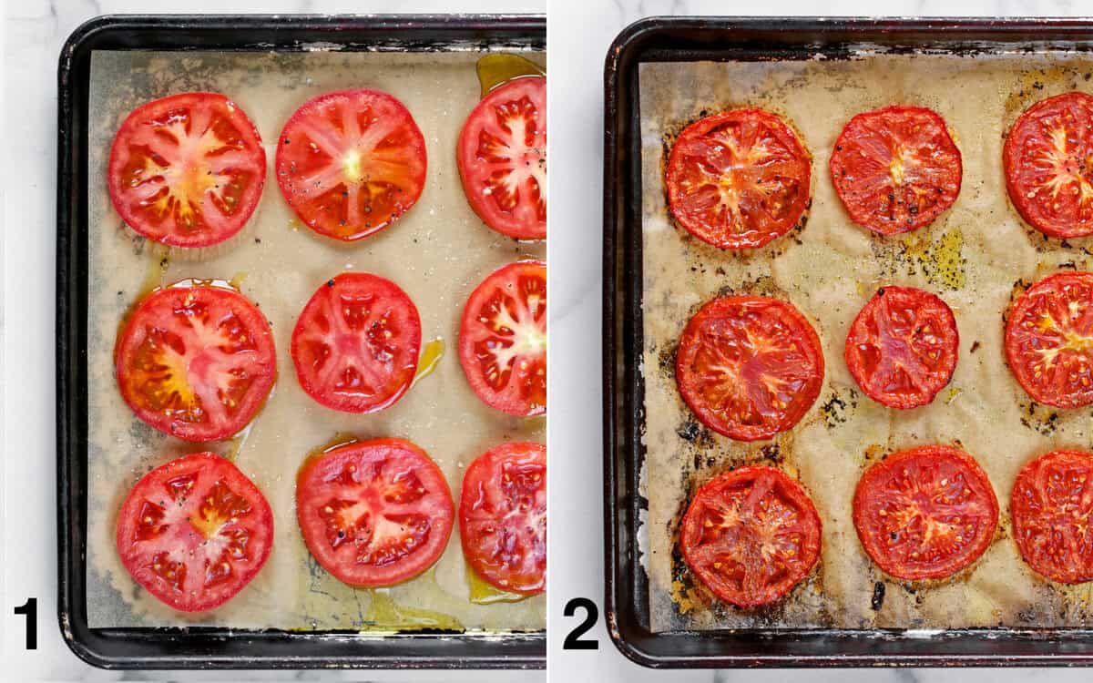 Sliced tomatoes on a sheet pan before and after they are roasted.