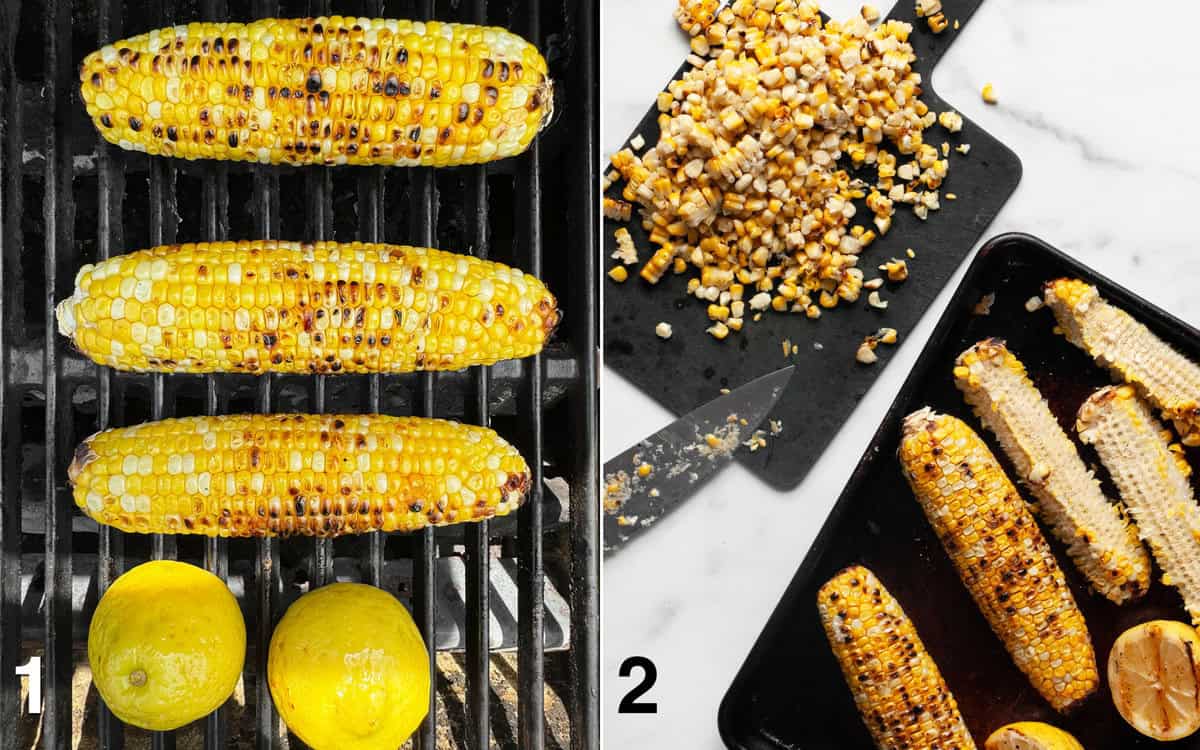 Corn and lemons on the grill. Kernels sliced off grilled corn.