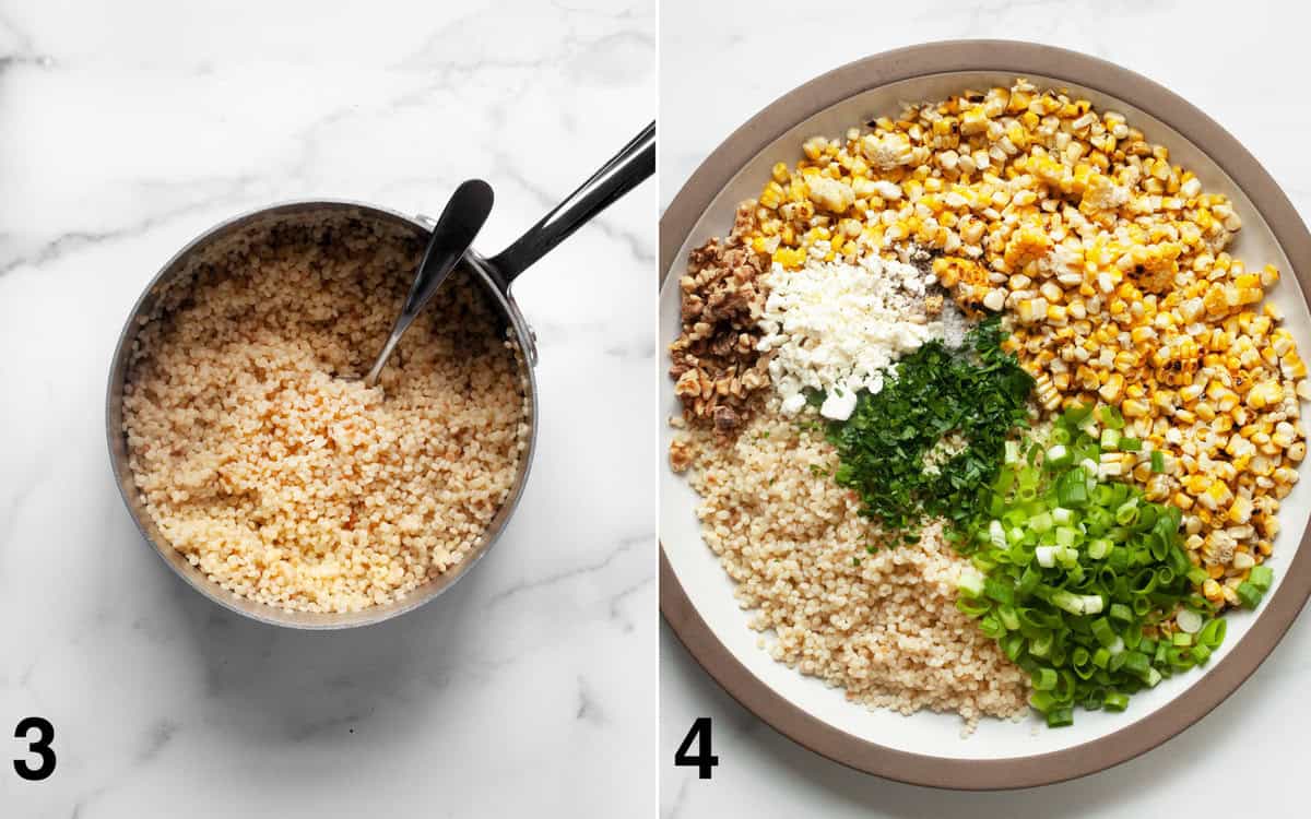 Pearl couscous in a pot. Couscous ingredients assembled in a bowl.