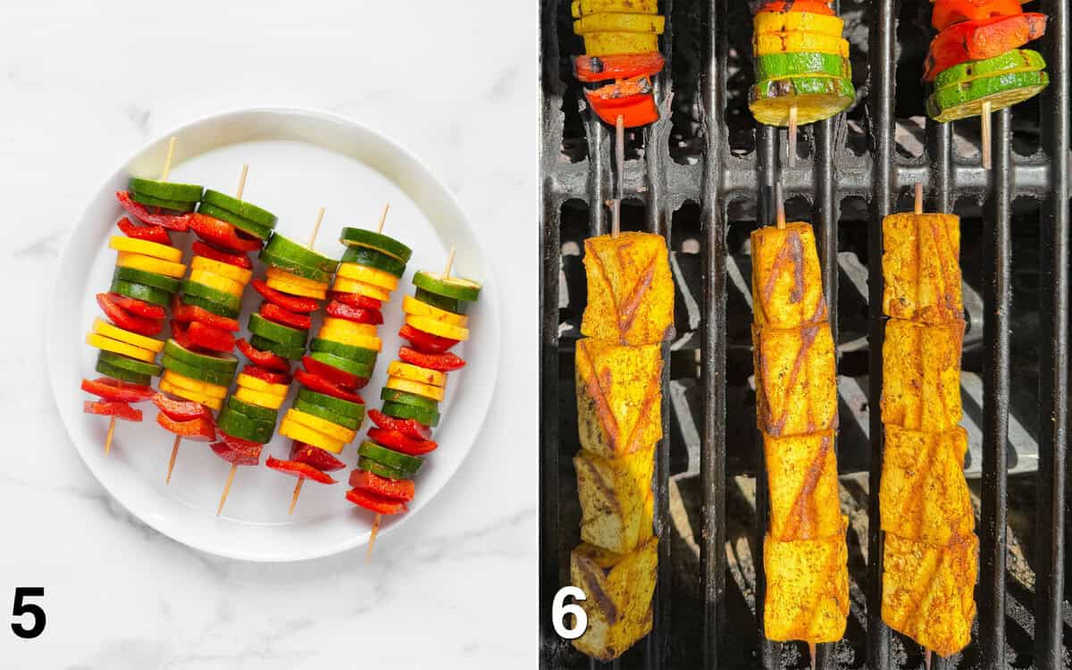 Vegetables on skewers on a plate before you grill them. Tofu on the grill.