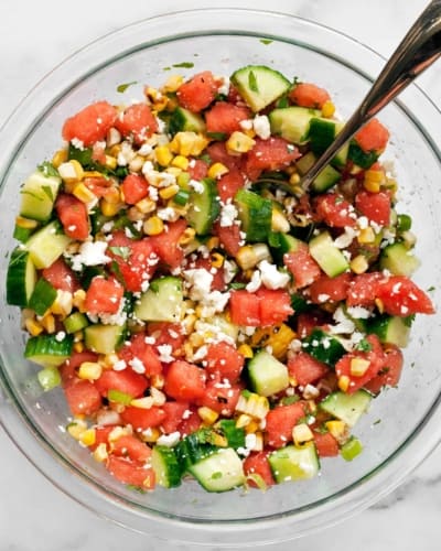 Watermelon Cucumber Salad With Feta And Grilled Corn 