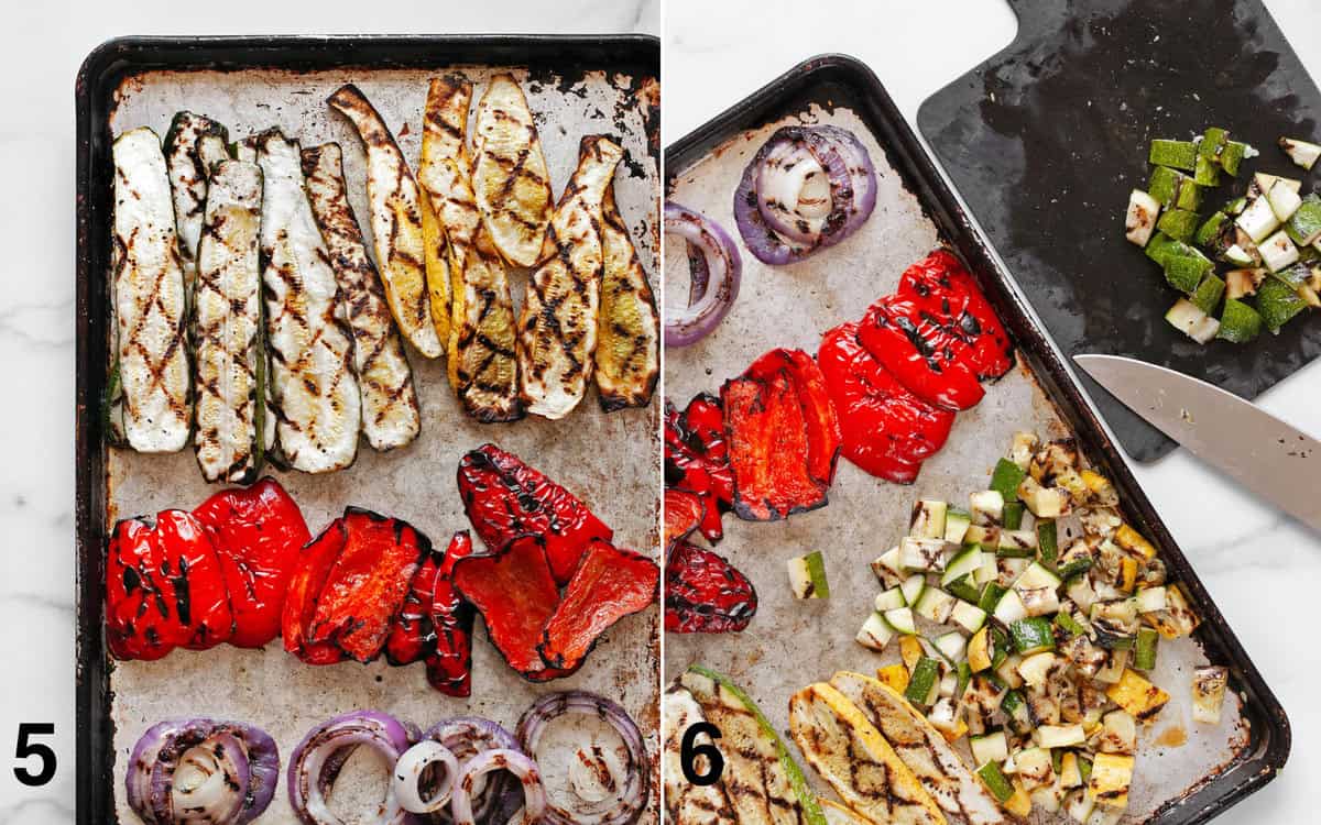 Grilled vegetables on a sheet pan. Dicing grilled vegetables.