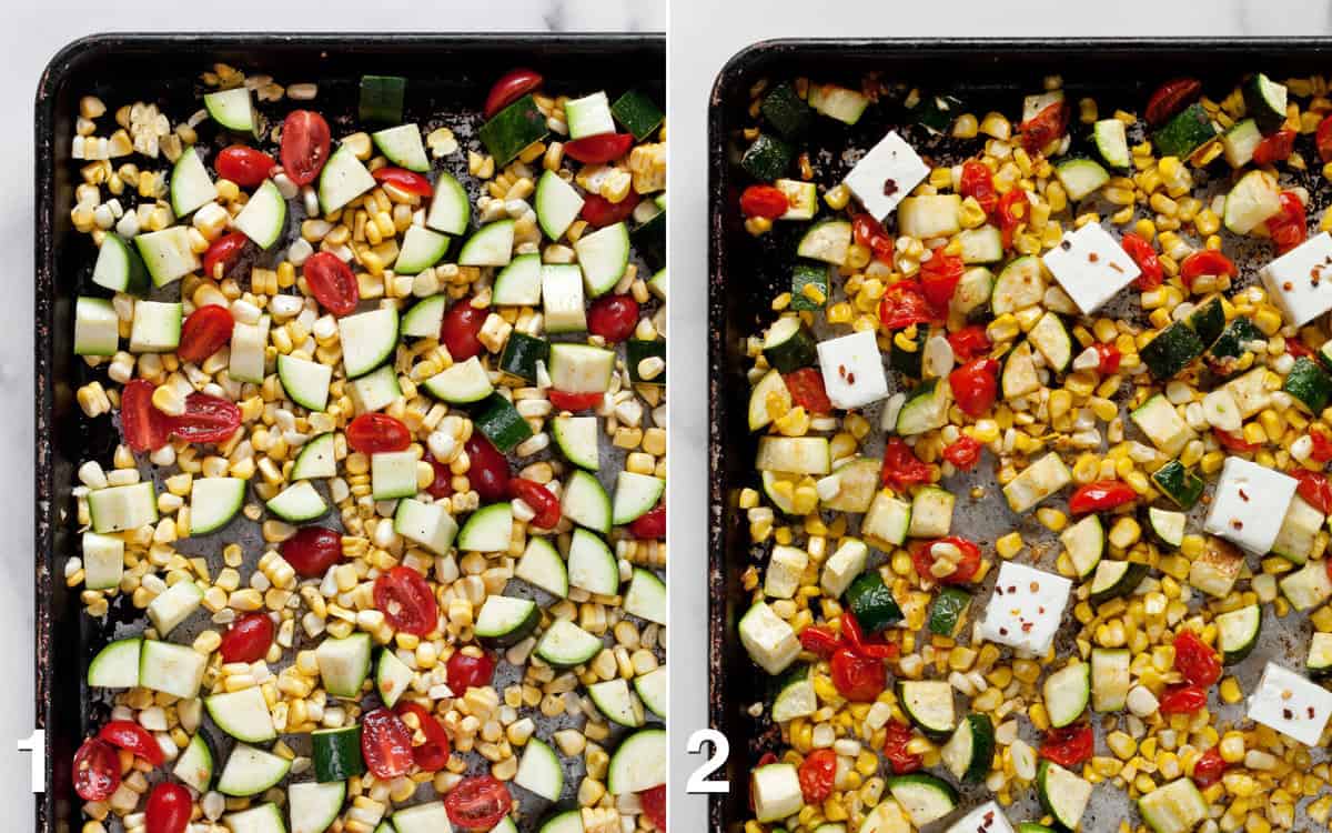 Vegetables and feta on a sheet pan before and after they roast.