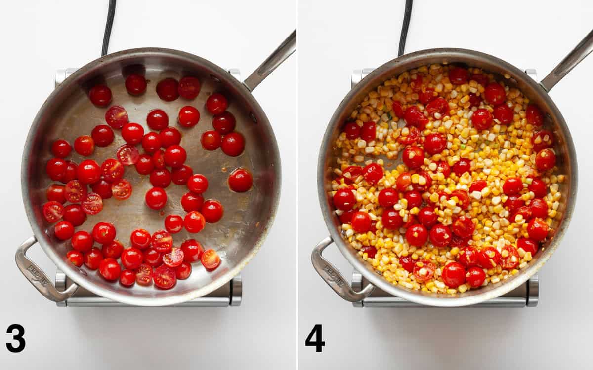 Tomatoes sautéing in a skillet. Corn and scallions stirred into tomatoes.