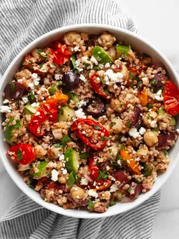 Quinoa chickpea salad in a small bowl.