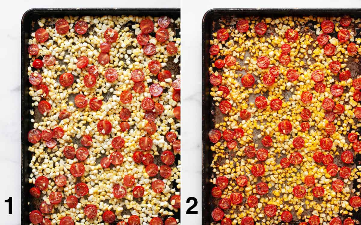 Corn and tomatoes on a sheet pan before and after they roast.
