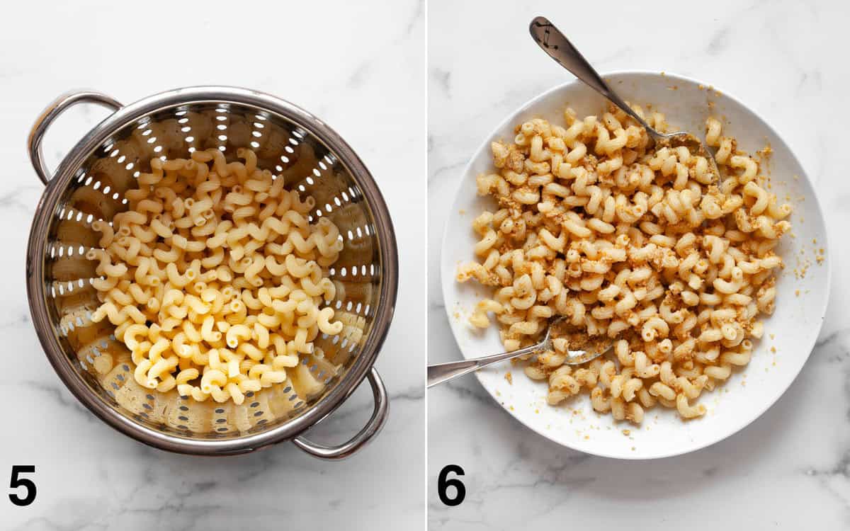 Cooked pasta in a colander. Pesto stirred into pasta in a bowl.