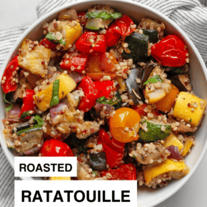 Roasted ratatouille quinoa in a small bowl.