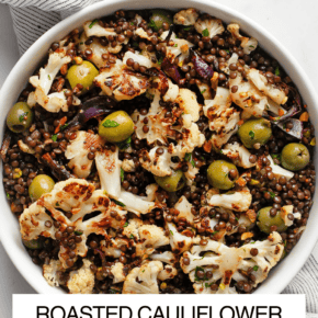 Roasted cauliflower black lentil salad in a bowl.