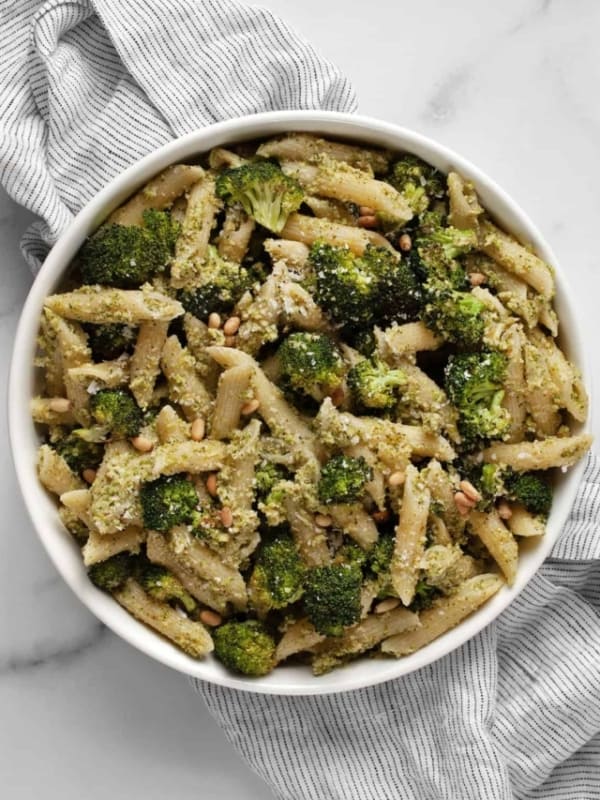 Roasted broccoli pesto pasta in a bowl.