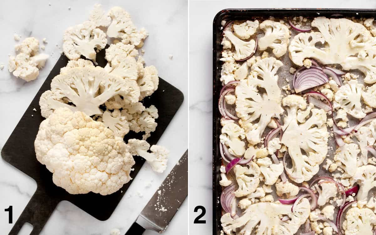 Cauliflower head sliced on a cutting board. Cauliflower and red onions on a sheet pan before they roast.