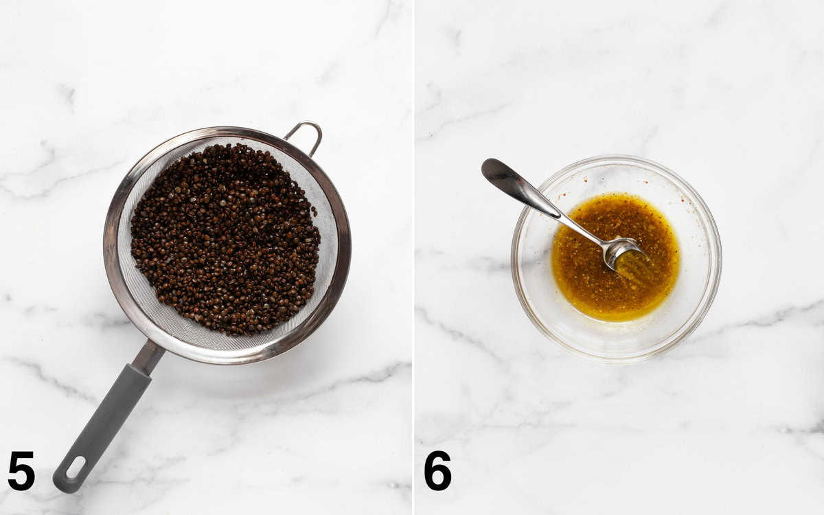 Lentils drained in a strainer. Vinaigrette whisked in a bowl.