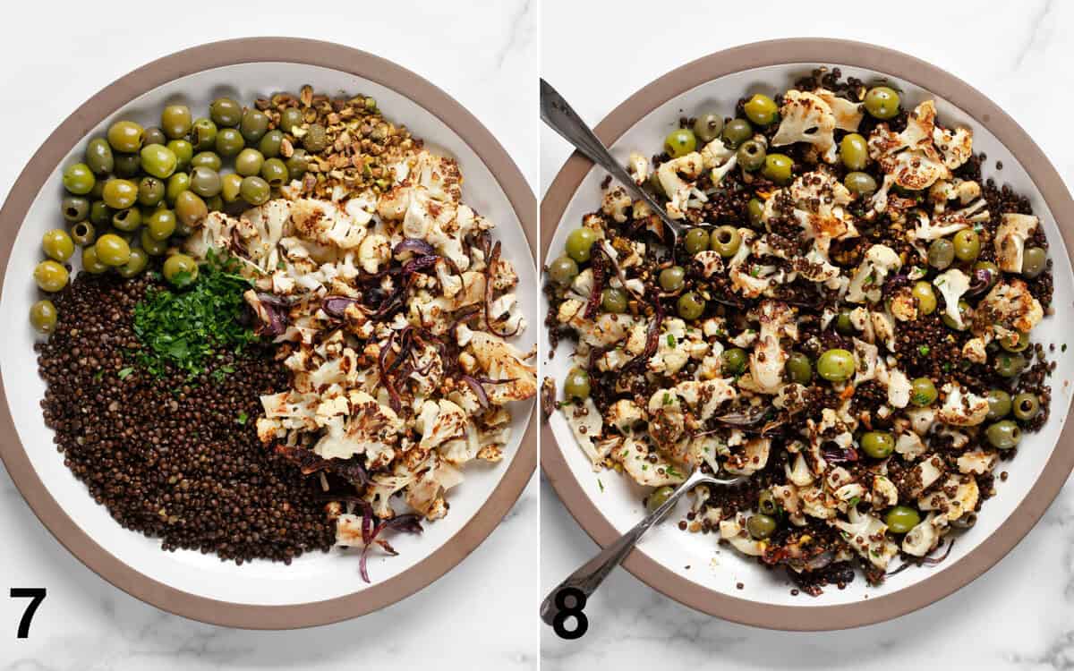 Salad ingredients assembled in a bowl. Salad tossed with vinaigrette.