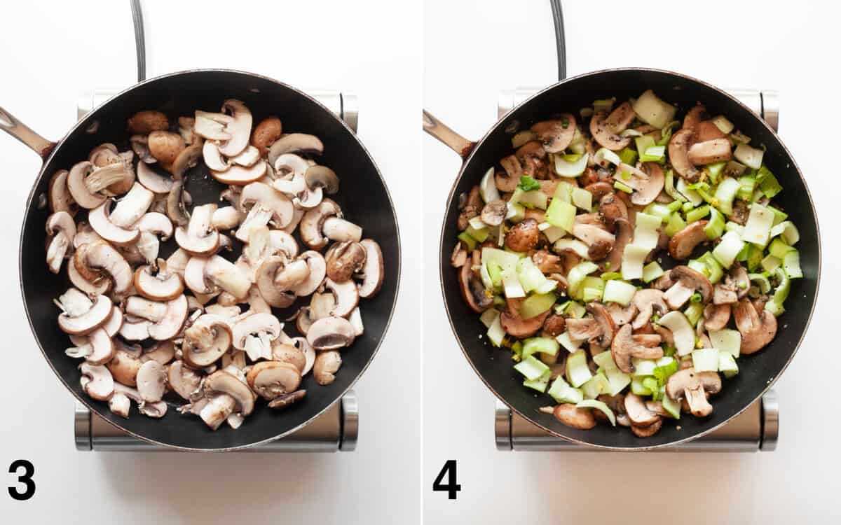 Mushrooms sautéing in a skillet. Bok choy stems, garlic, ginger and seasonings stirred into mushrooms.