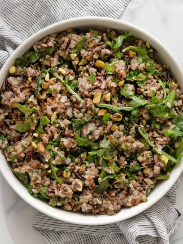 Lemon herb wild rice salad in a bowl.