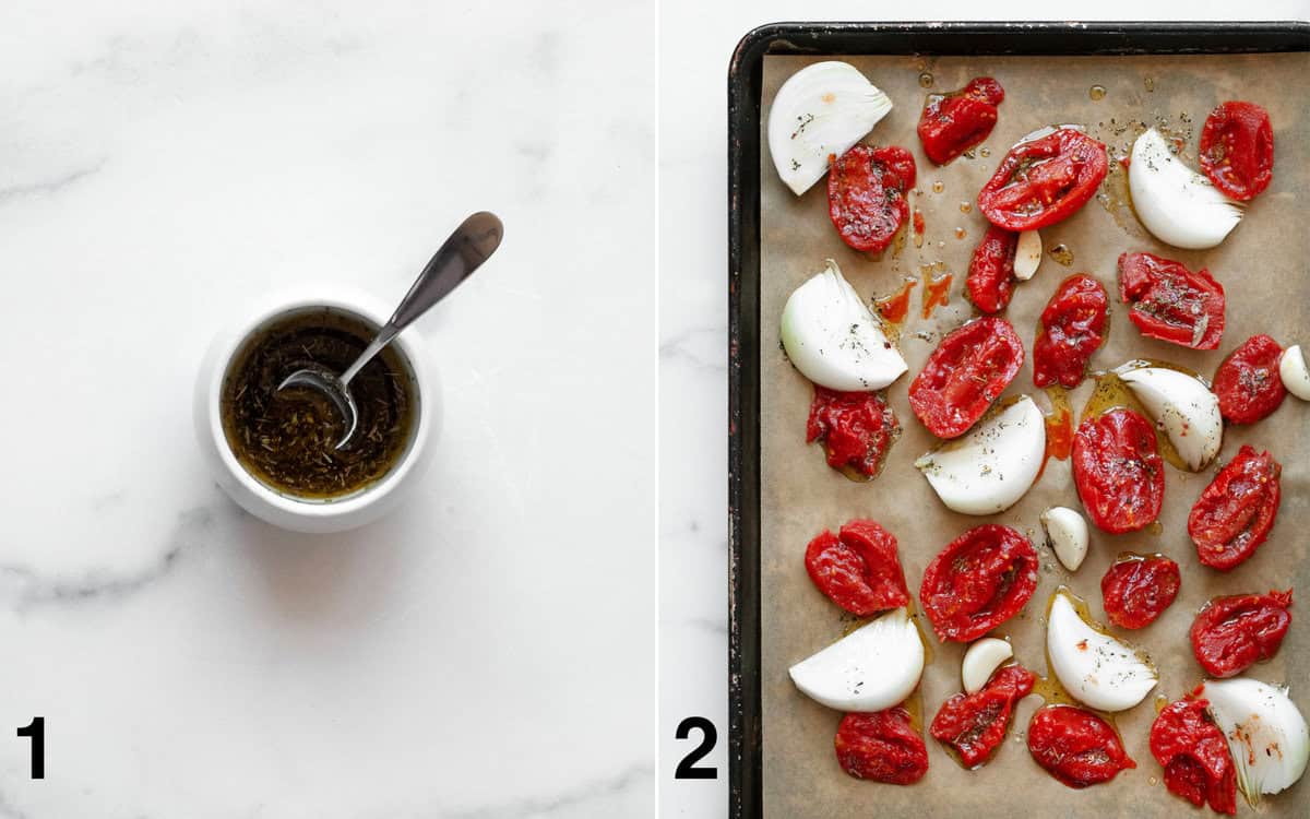 Oil and seasonings in a small bowl. Tomatoes, onions and garlic on a sheet pan before they roast.